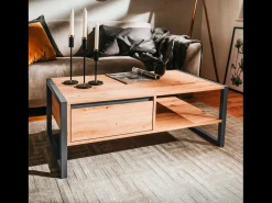 Mesa de centro industrial Kotor com gaveta e prateleira em carvalho artesanal