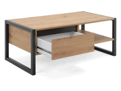 Mesa de centro industrial Kotor com gaveta e prateleira em carvalho artesanal