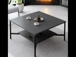 Mesa de centro industrial quadrada preta com prateleira de arrumação