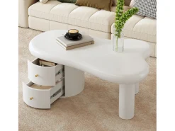 Mesa de centro irregular - 97 x 64 x 42 cm - com 2 gavetas - Ideal para sala de estar - MDF - branco