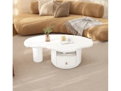 Mesa de centro irregular com 1 gaveta e compartimento aberto - 110 x 60 x 37,5 cm - Tampo em MDF - Branco