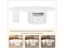 Mesa de centro irregular com 1 gaveta e compartimento aberto - 110 x 60 x 37,5 cm - Tampo em MDF - Branco