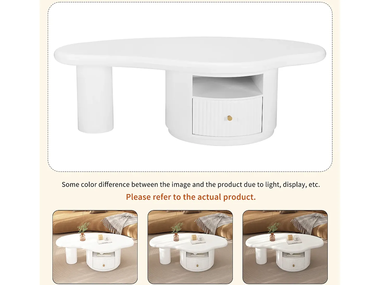 Mesa de centro irregular com 1 gaveta e compartimento aberto - 110 x 60 x 37,5 cm - Tampo em MDF - Branco