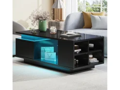 Mesa de centro laqueada - 100 x 50 x 36 cm - com gaveta + LEDs + 4 compartimentos de arrumação - aglomerado - preta