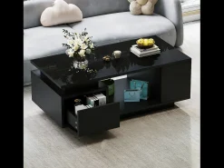 Mesa de centro laqueada - 100 x 50 x 36 cm - com gaveta + LEDs + 4 compartimentos de arrumação - aglomerado - preta