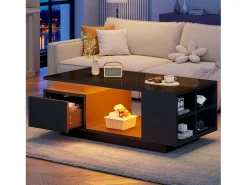 Mesa de centro laqueada - 100 x 50 x 36 cm - com gaveta + LEDs + 4 compartimentos de arrumação - aglomerado - preta