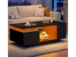 Mesa de centro laqueada - 100 x 50 x 36 cm - com gaveta + LEDs + 4 compartimentos de arrumação - aglomerado - preta