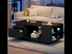 Mesa de centro laqueada - 100 x 50 x 36 cm - com gaveta + LEDs + 4 compartimentos de arrumação - aglomerado - preta