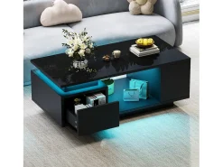 Mesa de centro laqueada - 100 x 50 x 36 cm - com gaveta + LEDs + 4 compartimentos de arrumação - aglomerado - preta