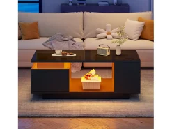 Mesa de centro laqueada - 100 x 50 x 36 cm - com gaveta + LEDs + 4 compartimentos de arrumação - aglomerado - preta