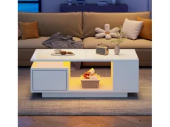 Mesa de centro laqueada - 100 x 50 x 36 cm - com gaveta + LEDs + 4 compartimentos de arrumação - aglomerado - branca