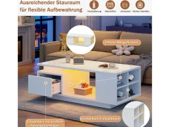Mesa de centro laqueada - 100 x 50 x 36 cm - com gaveta + LEDs + 4 compartimentos de arrumação - aglomerado - branca