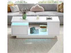 Mesa de centro laqueada - 100 x 50 x 36 cm - com gaveta + LEDs + 4 compartimentos de arrumação - aglomerado - branca