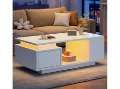 Mesa de centro laqueada - 100 x 50 x 36 cm - com gaveta + LEDs + 4 compartimentos de arrumação - aglomerado - branca