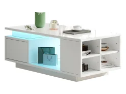 Mesa de centro laqueada - 100 x 50 x 36 cm - com gaveta + LEDs + 4 compartimentos de arrumação - aglomerado - branca
