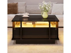Mesa de centro laqueada de alto brilho - 70 x 70 x 35 cm - com 2 gavetas + LEDs + divisória em acrílico transparente - aglomerado - preta