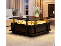 Mesa de centro laqueada de alto brilho - 70 x 70 x 35 cm - com 2 gavetas + LEDs + divisória em acrílico transparente - aglomerado - preta