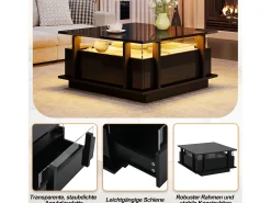 Mesa de centro laqueada de alto brilho - 70 x 70 x 35 cm - com 2 gavetas + LEDs + divisória em acrílico transparente - aglomerado - preta
