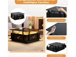 Mesa de centro laqueada de alto brilho - 70 x 70 x 35 cm - com 2 gavetas + LEDs + divisória em acrílico transparente - aglomerado - preta