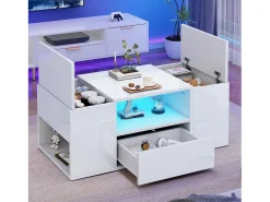 Mesa de centro laqueada de alto brilho - 100 x 50 x 40 cm - com 1 gaveta + LEDs + 6 compartimentos de armazenamento - aglomerado - branca