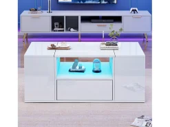 Mesa de centro laqueada de alto brilho - 100 x 50 x 40 cm - com 1 gaveta + LEDs + 6 compartimentos de armazenamento - aglomerado - branca