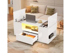 Mesa de centro laqueada de alto brilho - 100 x 50 x 40 cm - com 1 gaveta + LEDs + 6 compartimentos de armazenamento - aglomerado - branca