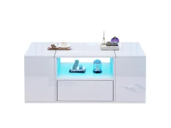 Mesa de centro laqueada de alto brilho - 100 x 50 x 40 cm - com 1 gaveta + LEDs + 6 compartimentos de armazenamento - aglomerado - branca