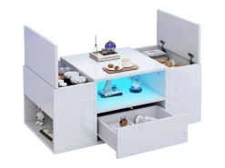 Mesa de centro laqueada de alto brilho - 100 x 50 x 40 cm - com 1 gaveta + LEDs + 6 compartimentos de armazenamento - aglomerado - branca