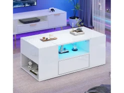 Mesa de centro laqueada de alto brilho - 100 x 50 x 40 cm - com 1 gaveta + LEDs + 6 compartimentos de armazenamento - aglomerado - branca