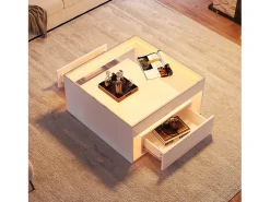 Mesa de centro laqueada de alto brilho - 70 x 70 x 35 cm - com 2 gavetas + LEDs - tampo de vidro temperado - MDF - branca