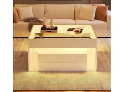 Mesa de centro laqueada de alto brilho - 70 x 70 x 35 cm - com 2 gavetas + LEDs - tampo de vidro temperado - MDF - branca