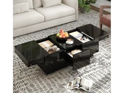 Mesa de centro laqueada de alto brilho com gavetas e compartimento deslizante - 100 x 50 x 31 cm - aglomerado - preta