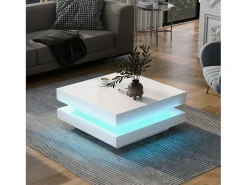 Mesa de centro laqueada de alto brilho com tampo giratório 360° - com LEDs - 70 x 70 x 36 cm - aglomerado - branca