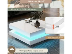 Mesa de centro laqueada de alto brilho com tampo giratório 360° - com LEDs - 70 x 70 x 36 cm - aglomerado - branca