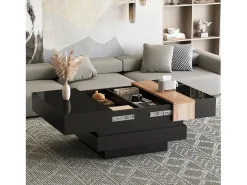 Mesa de centro laqueada de alto brilho para sala de estar - 70 x 70 x 39 cm - extensível e com espaço de armazenamento oculto - MDF - preta