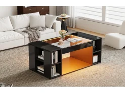 Mesa de centro laqueada de alto brilho para sala de estar - 100 x 50 x 40 cm - com tampo de vidro temperado + LEDs + prateleira - preta - MDF