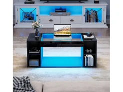 Mesa de centro laqueada de alto brilho para sala de estar - 100 x 50 x 40 cm - com tampo de vidro temperado + LEDs + prateleira - preta - MDF