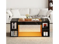 Mesa de centro laqueada de alto brilho para sala de estar - 100 x 50 x 40 cm - com tampo de vidro temperado + LEDs + prateleira - preta - MDF