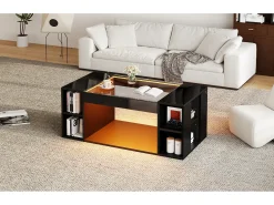 Mesa de centro laqueada de alto brilho para sala de estar - 100 x 50 x 40 cm - com tampo de vidro temperado + LEDs + prateleira - preta - MDF