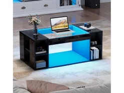 Mesa de centro laqueada de alto brilho para sala de estar - 100 x 50 x 40 cm - com tampo de vidro temperado + LEDs + prateleira - preta - MDF