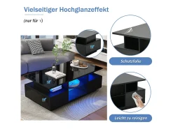 Mesa de centro laqueada de alto brilho - 100 x 50 x 36 cm - com 2 gavetas + LEDs + espaço de armazenamento aberto + divisória de vidro - aglomerado - preta