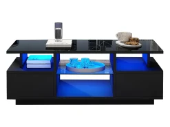 Mesa de centro laqueada de alto brilho - 100 x 50 x 36 cm - com 2 gavetas + LEDs + espaço de armazenamento aberto + divisória de vidro - aglomerado - preta