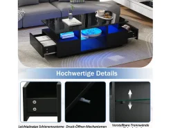 Mesa de centro laqueada de alto brilho - 100 x 50 x 36 cm - com 2 gavetas + LEDs + espaço de armazenamento aberto + divisória de vidro - aglomerado - preta