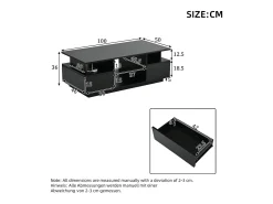 Mesa de centro laqueada de alto brilho - 100 x 50 x 36 cm - com 2 gavetas + LEDs + espaço de armazenamento aberto + divisória de vidro - aglomerado - preta