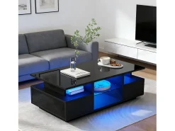 Mesa de centro laqueada de alto brilho - 100 x 50 x 36 cm - com 2 gavetas + LEDs + espaço de armazenamento aberto + divisória de vidro - aglomerado - preta