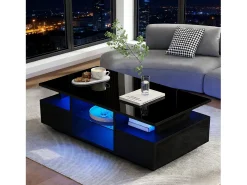 Mesa de centro laqueada de alto brilho - 100 x 50 x 36 cm - com 2 gavetas + LEDs + espaço de armazenamento aberto + divisória de vidro - aglomerado - preta