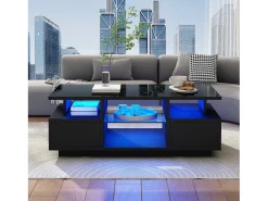 Mesa de centro laqueada de alto brilho - 100 x 50 x 36 cm - com 2 gavetas + LEDs + espaço de armazenamento aberto + divisória de vidro - aglomerado - preta
