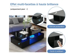 Mesa de centro laqueada de alto brilho - 100 x 50 x 36 cm - com 2 gavetas + LEDs + espaço de armazenamento aberto + divisória de vidro - aglomerado - preta