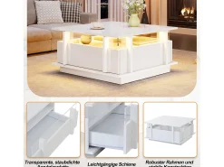 Mesa de centro laqueada de alto brilho - 70 x 70 x 35 cm - com 2 gavetas + LEDs + divisória em acrílico transparente - aglomerado - branca