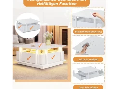Mesa de centro laqueada de alto brilho - 70 x 70 x 35 cm - com 2 gavetas + LEDs + divisória em acrílico transparente - aglomerado - branca